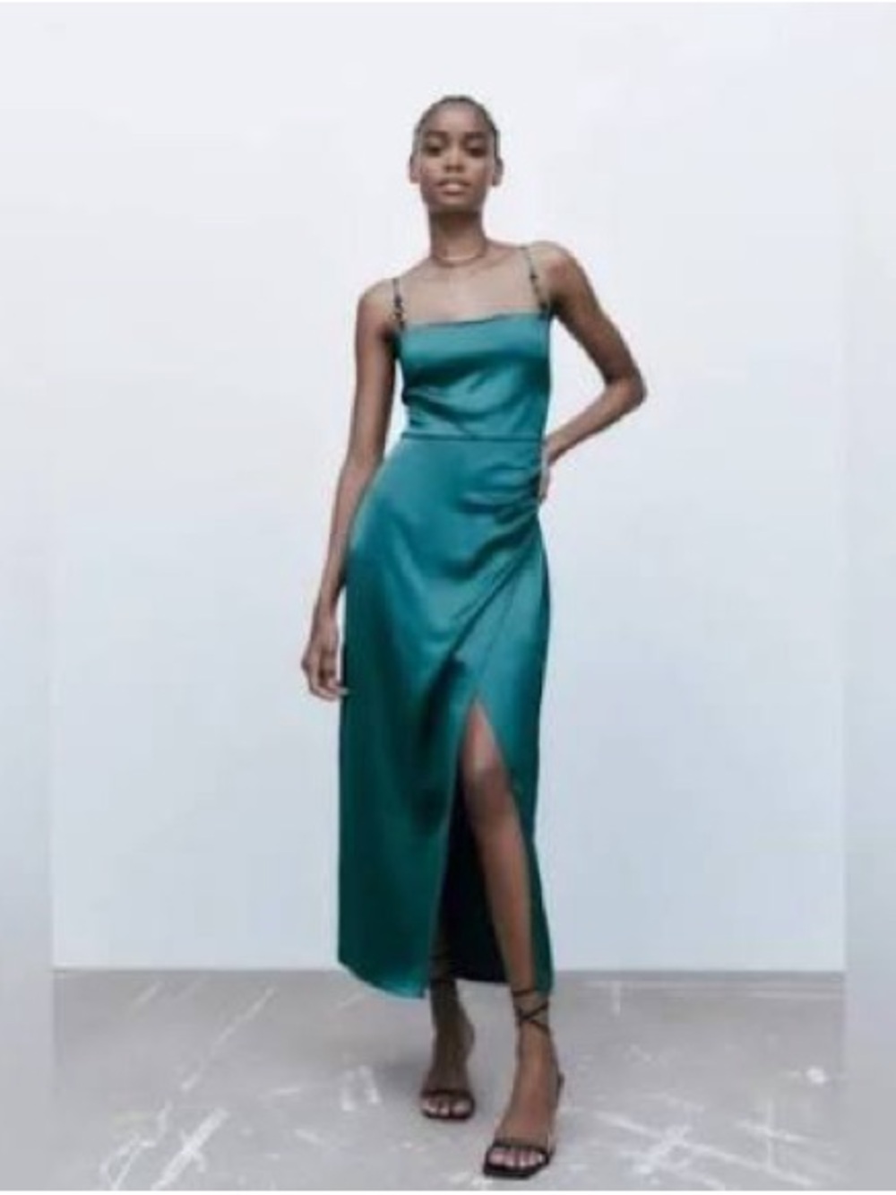 Zara Teal Satin Slip Maxi Dress with Thigh Slit